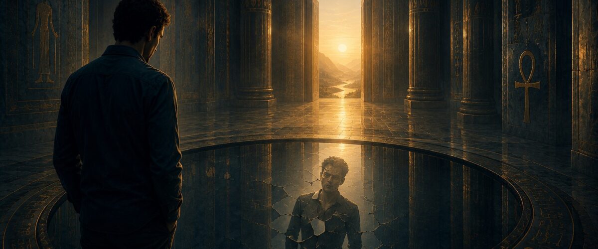 Mystical reflection in ancient temple 1200x500