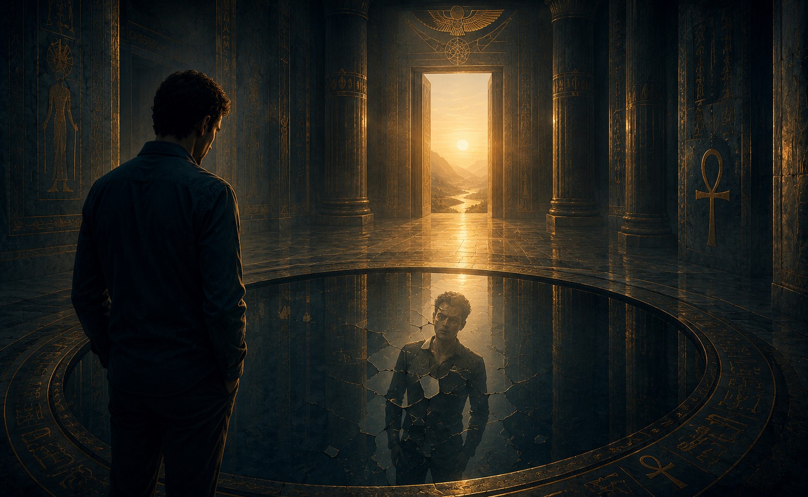 Mystical reflection in ancient temple